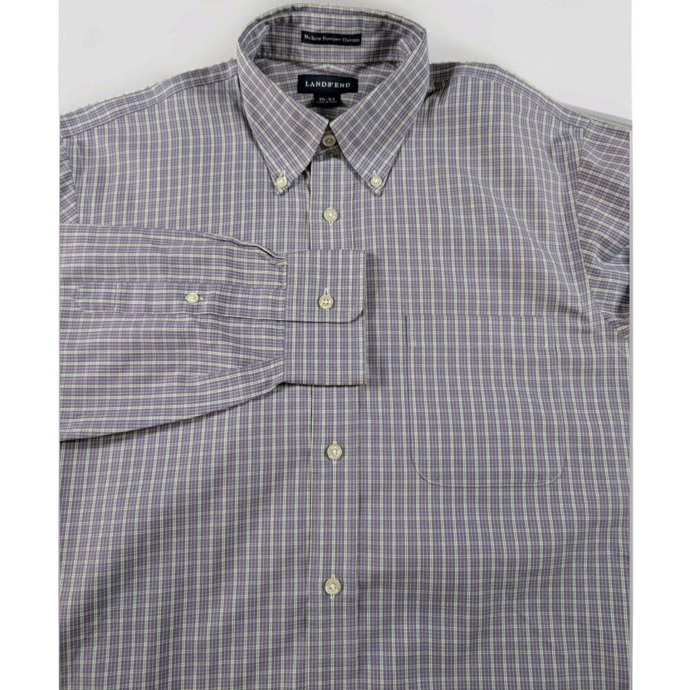 Lands' End Shirt Mens 15-33 M Purple Plaid No Iron Oxford Button Down Cotton